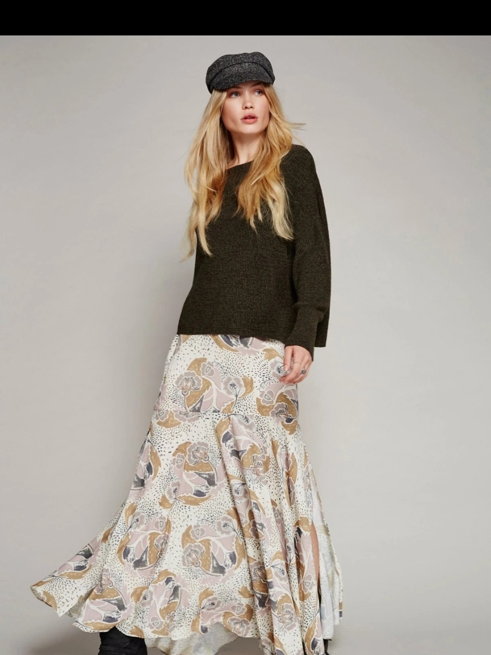 Floral Print Maxi Skirt in Cream and Beige